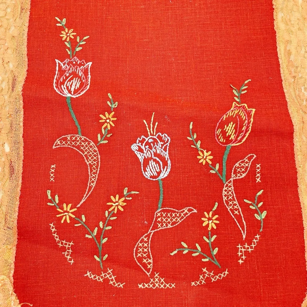 Vintage Hand Embroidered Flowers Lace Trim Table Runner Orange Retro Cottagecore